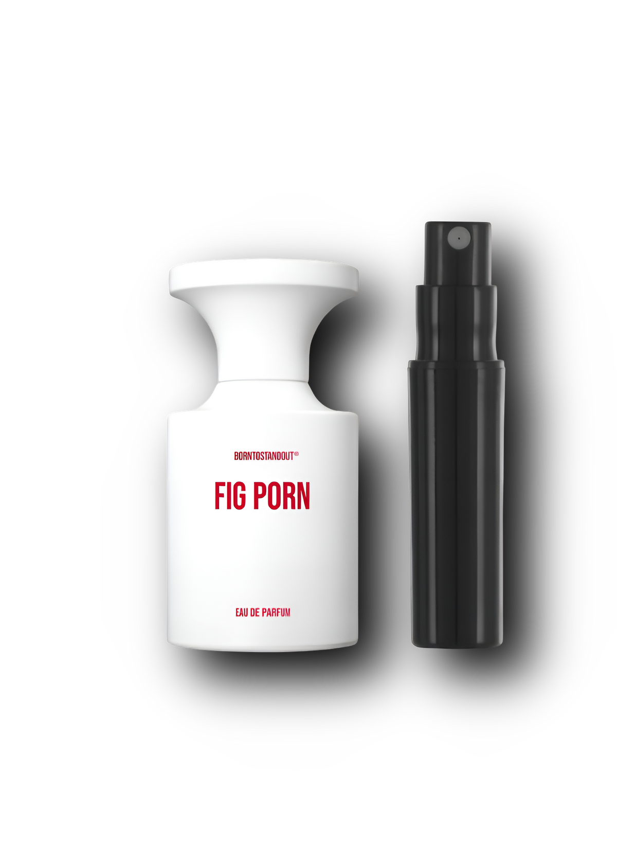 BORNTOSTANDOUT Fig Porn – originalflaske ved siden af en sort sprayflaske til parfumeprøve