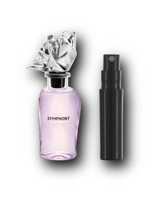 Perfume bottle labeled 'Symphony' with a spray nozzle on a white background