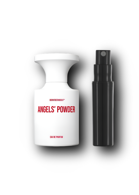 BORNTOSTANDOUT Angels’ Powder – originalflaske ved siden af en sort sprayflaske til parfumeprøve