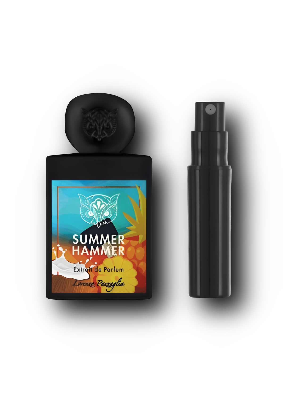 Lorenzo Pazzaglia Summer Hammer – originalflaske ved siden af en sort sprayflaske til parfumeprøve
