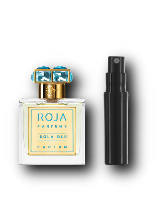 Roja Dove Isola Blu – originalflaske ved siden af en sort sprayflaske til parfumeprøve